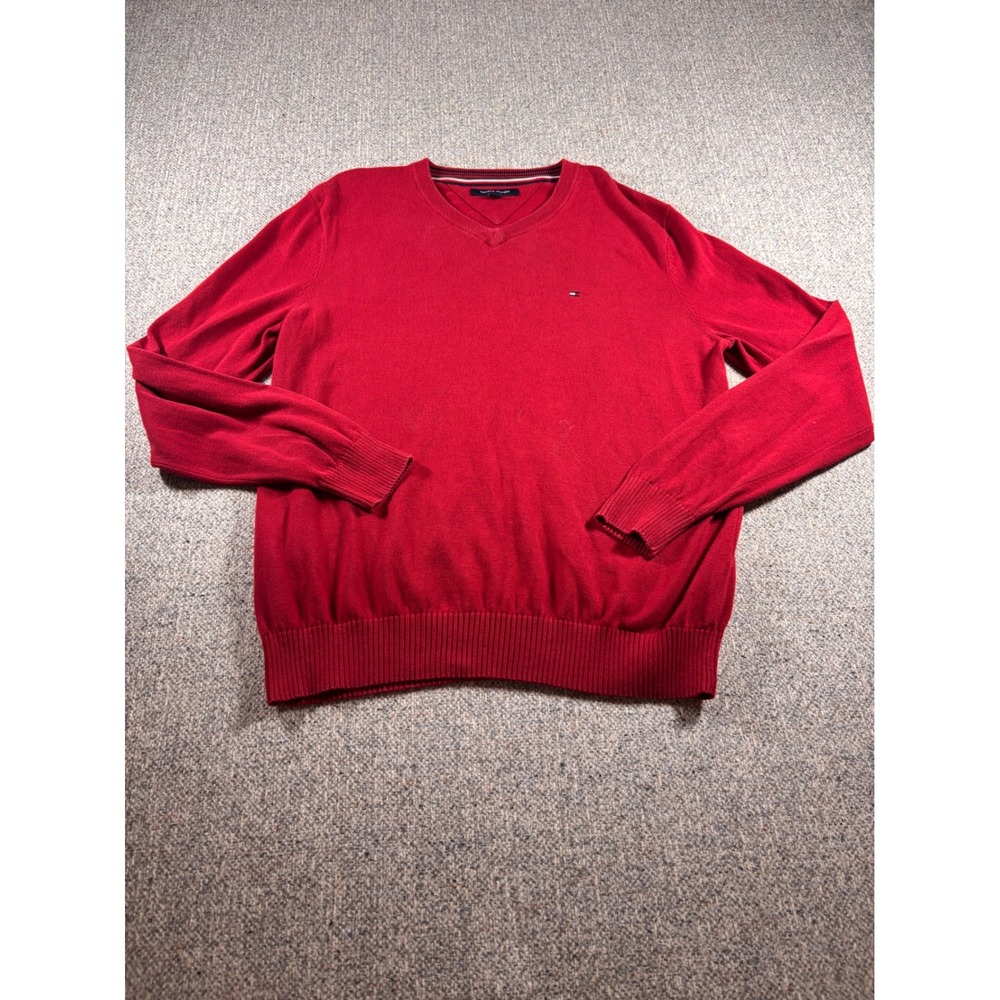 Tommy Hilfiger V Neck Red Sweater Vneck Long Sleeve Pullover Men's M